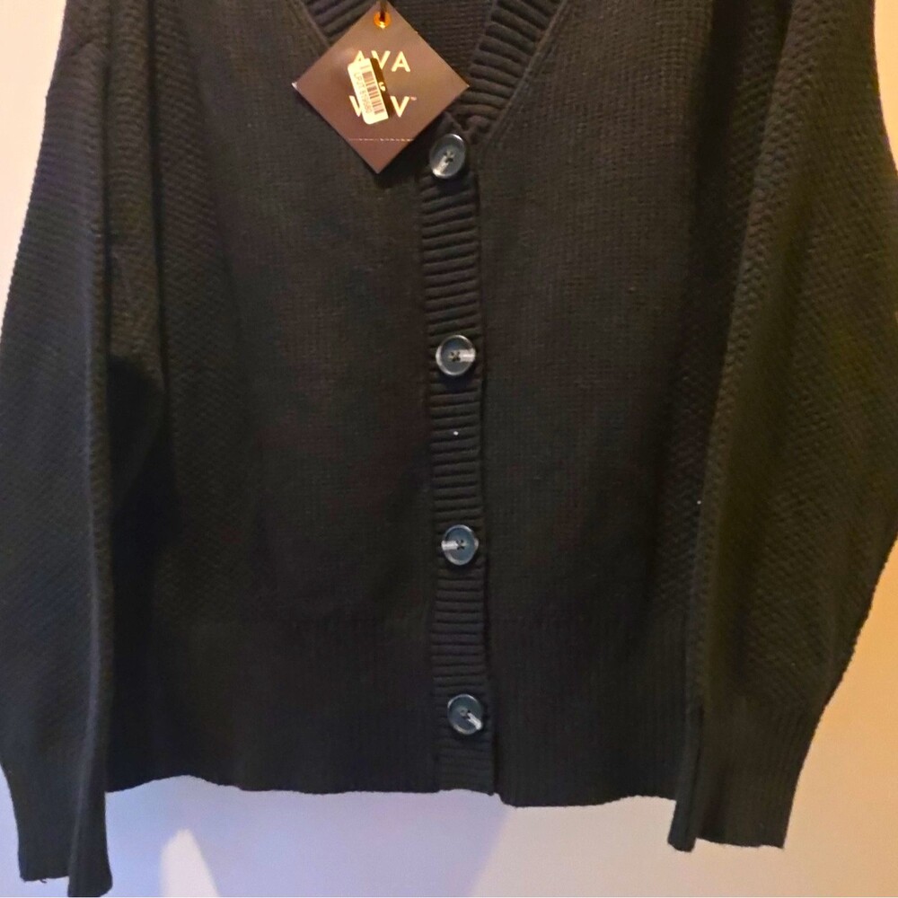 Ava & Viv Women's 1X Plus Black Solid Knit V-Neck Button Front Cardigan Sweater
